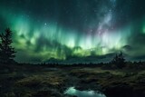 mesmerizing green and purple aurora borealis in the night sky. Generative AI