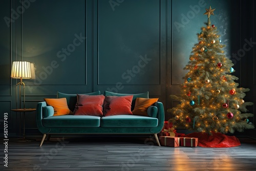 Christmas tree and sofa in the living room . Generative AI