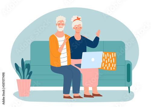 Elderly couple communicates. Grandmother and grandfather sit with laptop and communicate via video link with friends or relatives. Online call and conference. Cartoon flat vector illustration