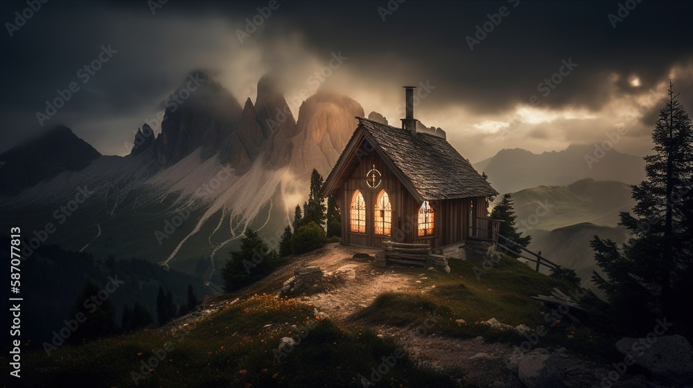 Wooden cabin on a mountain hill on a cloudy day Generative AI