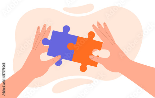 Hands make puzzles. Teamwork, collaboration and cooperation. Partners or colleagues working on common project. Organization of effective workflow