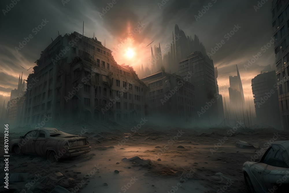 End of the world. Epic realistic dramatic cityscape of the apocalypse. Complex background of abandoned buildings in a post-apocalyptic world. Generative AI. End of the world. Epic realistic dramatic cityscape of the apocalypse. Complex background of abandoned buildings in a post-apocalyptic world. Generative AI.
