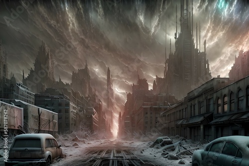 End of the world. Epic realistic dramatic cityscape of the apocalypse. Complex background of abandoned buildings in a post-apocalyptic world. Generative AI.