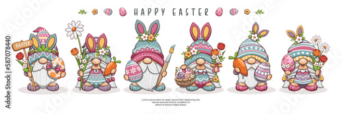 Happy Easter Banner With Cute Gnomes. Set Of Gnomes Character On Easter Party. Cute Cartoon Vector Illustration