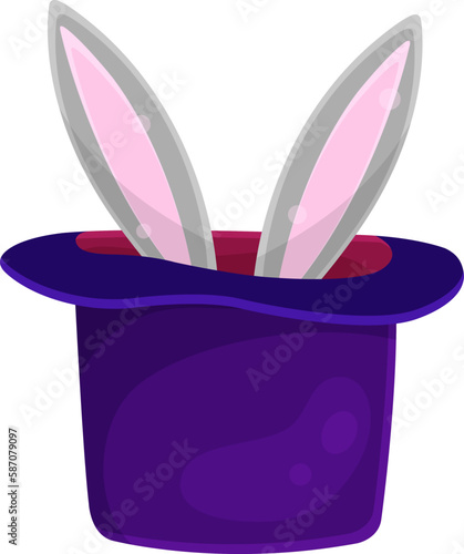 bright vector illustration of a magicians hat with a rabbit, rabbit ears, circus accessories
