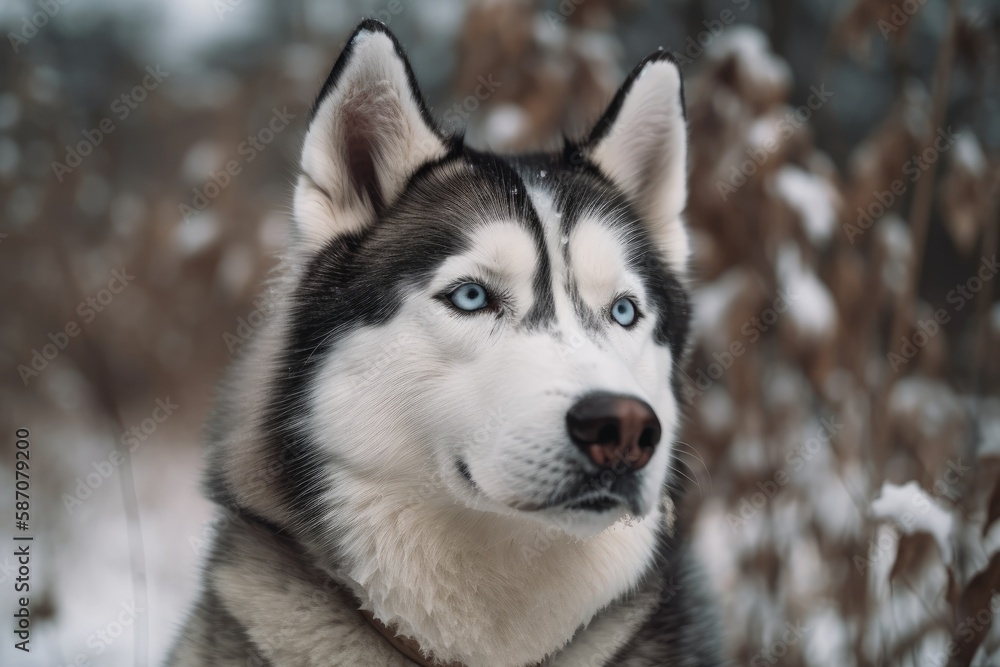 Winter portrait of a lovely husky. The dog against a natural backdrop. In the winter, a dog. Christmas. Generative AI