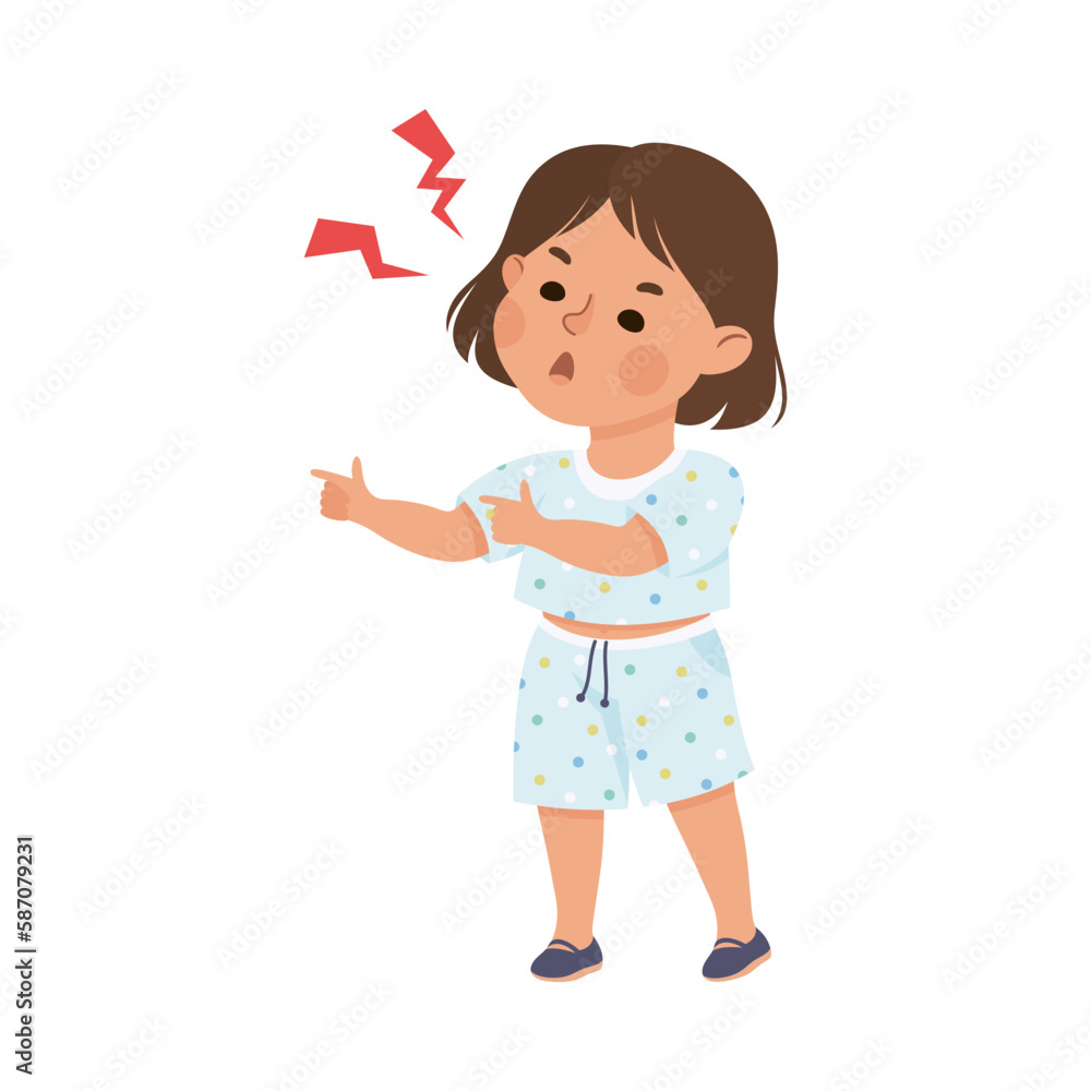 Angry little girl. Brown haired girl dressed t-shirt and shorts shouting and pointing with her fingers cartoon vector illustration Angry little girl. Brown haired girl dressed t-shirt and shorts shouting and pointing with her fingers cartoon vector illustration