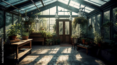 inside view of a glasshouse; generative AI