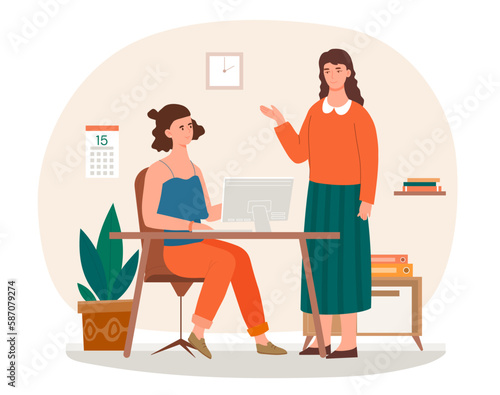 People talk at table. Woman boss advises subordinate, gives instructions. Organization of effective workflow, manager and worker in office. Brainstorming, discussion. Cartoon flat vector illustration