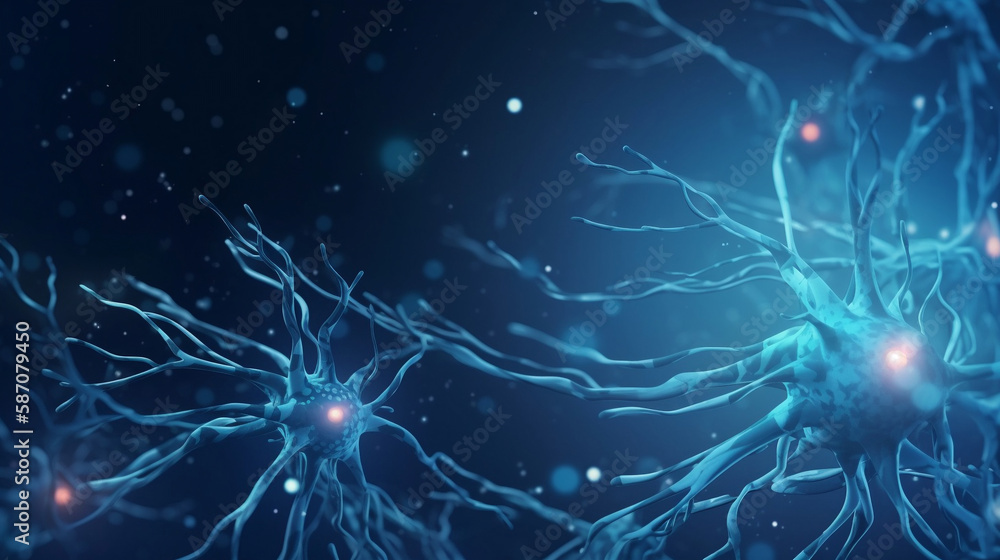 Nerve cell blue color banner, system neuron of brain with synapses. Medicine biology background. Generative ai
