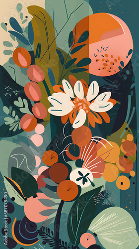 abstract background, composition of flowers, fruits and plants, Matisse-inspired illustration