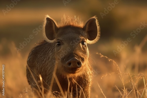 The warthog in the middle of Kenya's savanna. Generative AI photo