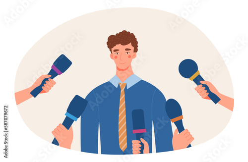 Press taking interview. Man stands in front of hands with microphones. Famous person, politicians answers questions from journalists. Mass media and information. Cartoon flat vector illustration