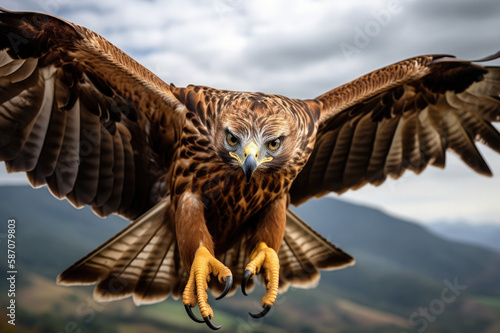 A powerful, action-packed shot of a  hawk in mid-flight with wings outstretched, moments before capturing its prey
