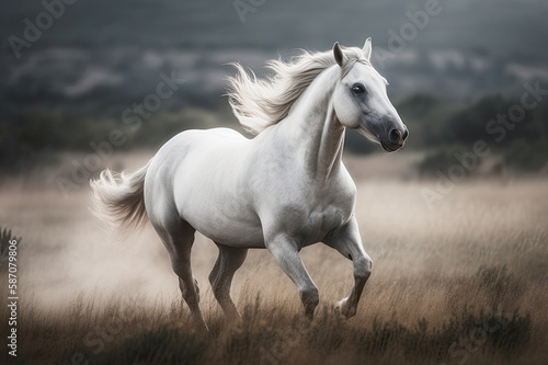 A serene, ethereal image of a majestic white horse galloping freely across an open field, with its mane and tail flowing in the wind. © Heke