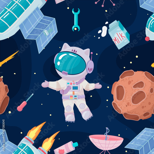 Cosmonaut in outer space. UFOs, spaceships, rockets. Solar system, intergalactic travel. Galaxies, planets, asteroids, comets, shooting stars. Vector illustration in cartoon style on  background.