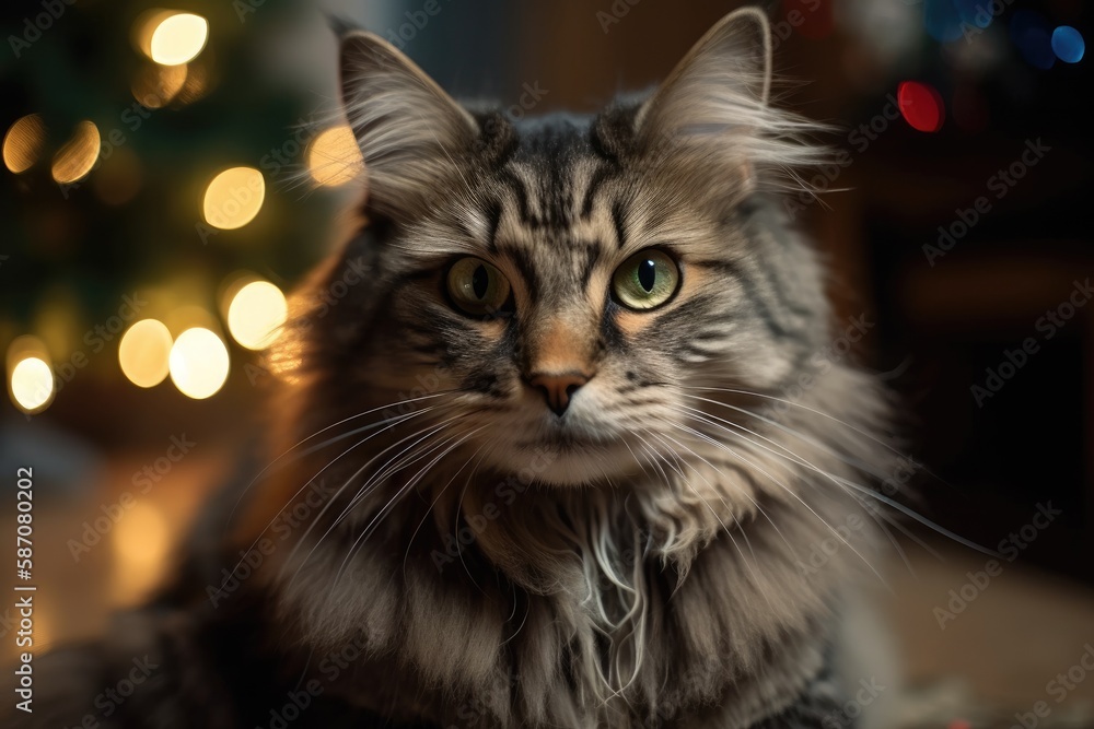 A cute cat sits against a backdrop of Christmas lights. A close up of a cat in front of a Christmas tree. Christmas greetings. Pets. The cat has his gaze fixed on the camera. Stars that sparkle. The f