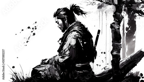 Samurai meditaiting  ink painting - by generative ai