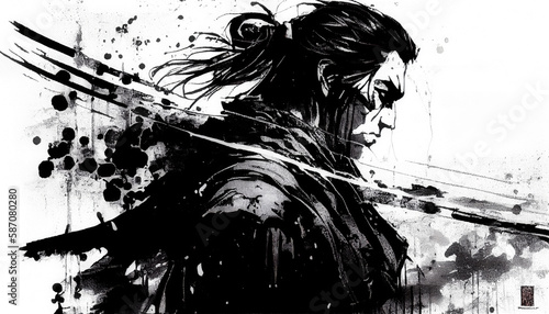 black and white samurai ink portrait - by generative ai