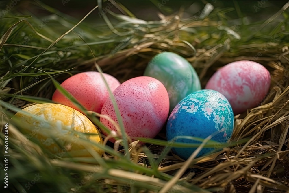 nest filled with vibrant, colorful eggs. Generative AI nest filled with vibrant, colorful eggs. Generative AI