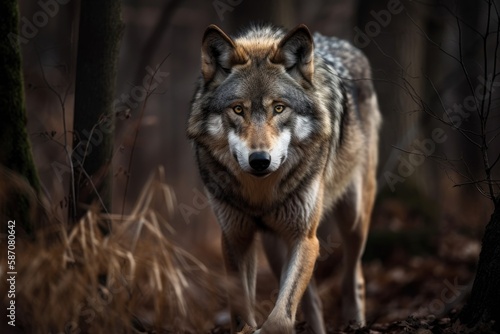 Wolf Prowling Through The Woods. Generative AI