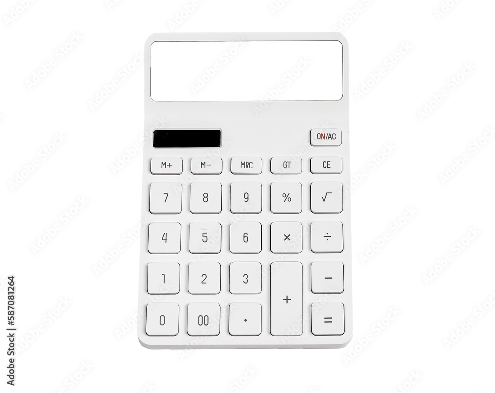 Modern calculator top view with keyboard and display mockup isolated on white background Modern calculator top view with keyboard and display mockup isolated on white background