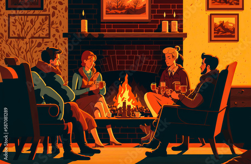 Group of friends spending an evening by the fire. Feelings of conviviality and comfort evoked by warm colors and brown accents. Generative AI photo
