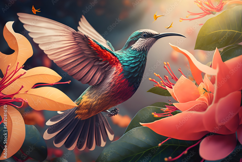Hummingbird flying near beautiful tropical flowers. Generative AI illustration