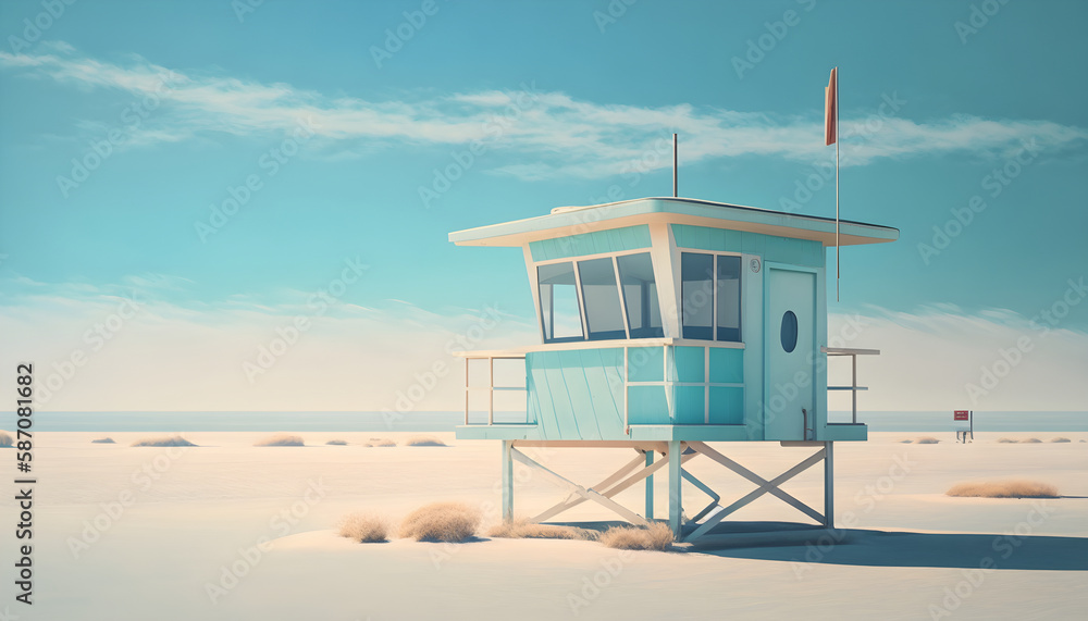 Fototapeta premium Lifeguard booth on the beach. Generative AI illustration