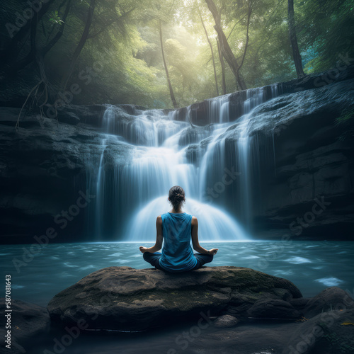 A woman meditating in a yoga pose at the base of a forest watrfall. A generative AI photo-realistic illustration.