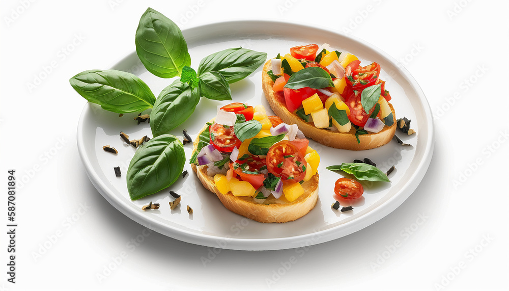 Bruschetta with tomatoes and basil on a plate isolate on a white background. Generative AI, Bruschetta with tomatoes and basil on a plate isolate on a white background. Generative AI,