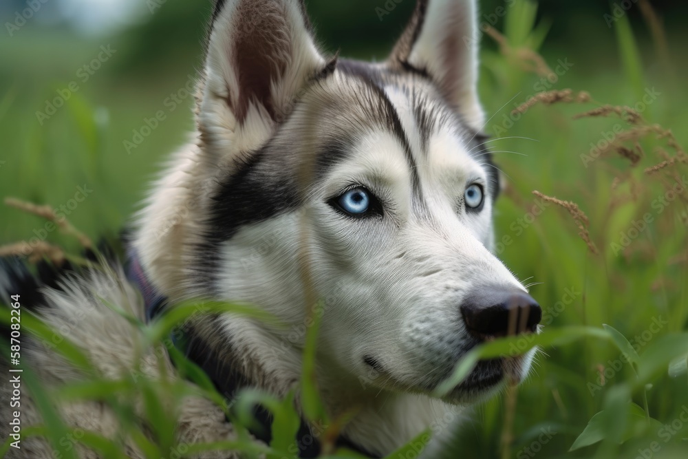 Husk dog. Husky. On a background of grass is a dog. The dog is seen up close. Generative AI