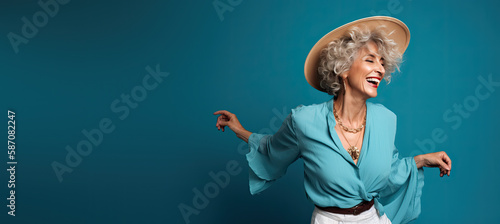 Older Fashionable Lady Dancing Against a Blue Background with Space for Copy (Generative AI)
