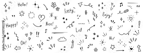 Doodle cute glitter pen line elements. Doodle heart, arrow, star, sparkle decoration symbol set icon. Simple sketch line style emphasis, attention, pattern elements. Vector illustration. photo