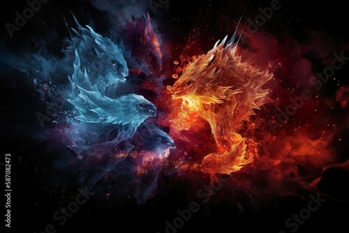 Ice colliding with flames desktop wallpaper - high contrast