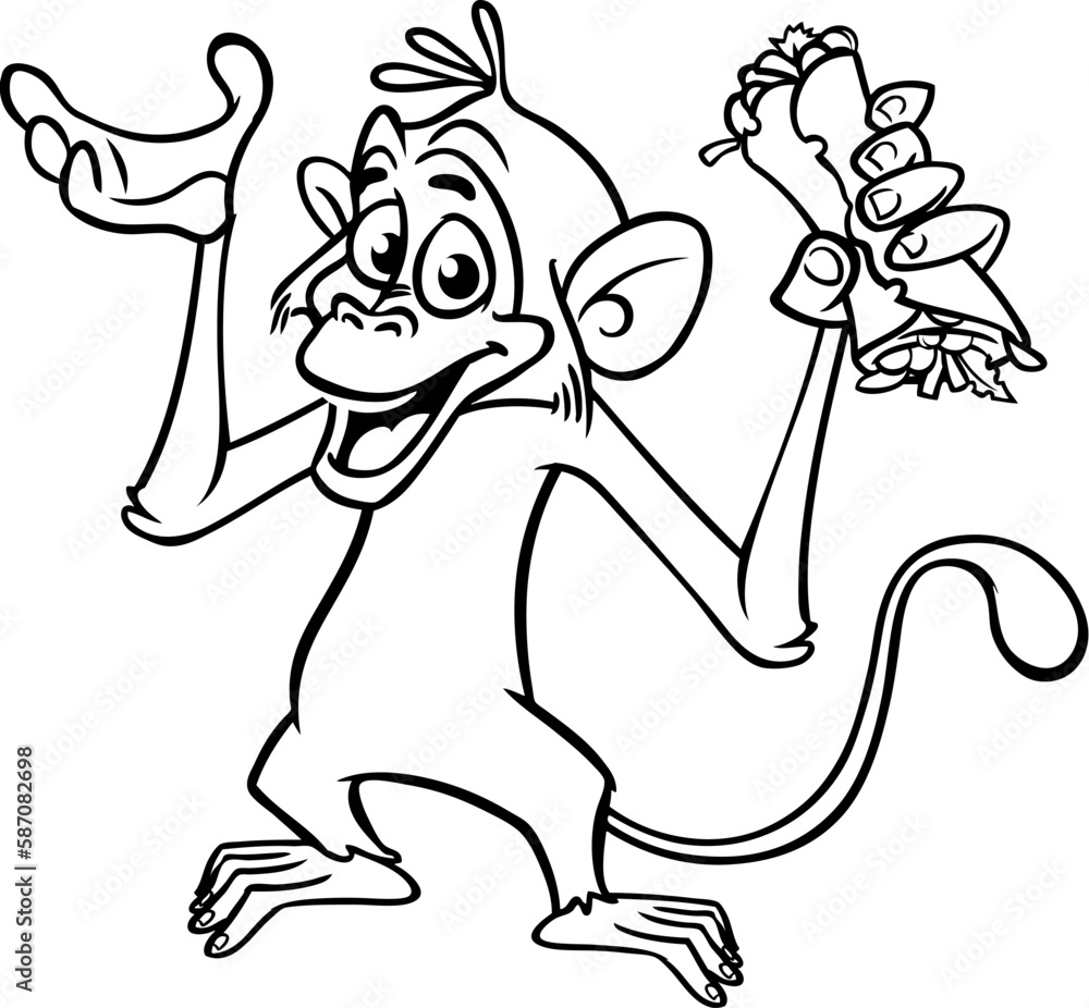 Fototapeta premium Cartoon funny monkey holding kebab or falafel roll streetfood. Vector illustration of happy monkey chimpanzee outlines for coloring pages book