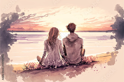 Couple admiring a beautiful sunset on the beach, illustrating tenderness, love and beauty. Ideal to represent emotions or graphic uses. Generative AI photo