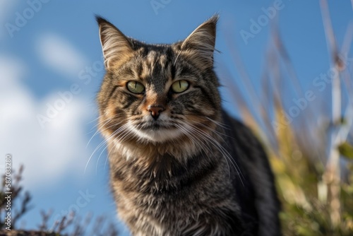 A mixed breed cat stands against a blue sky background. Generative AI