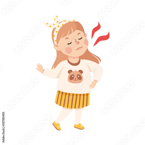 Cute arrogant little girl. Adorable girl dressed casual clothes showing refuse gesture cartoon vector illustration