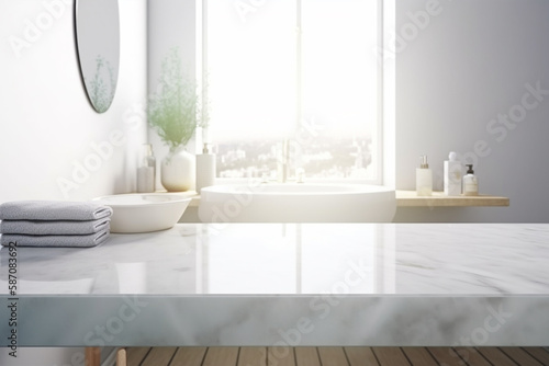Photographie Empty marble table top with blurred bathroom interior background