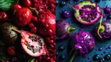 collage of different fruits and berries on blue background, top view