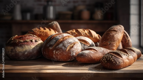 Variety of baked bread on wooden table in bakery. Selective focus