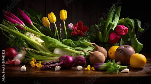 Still life with tulips  asparagus  leek  garlic and other vegetables