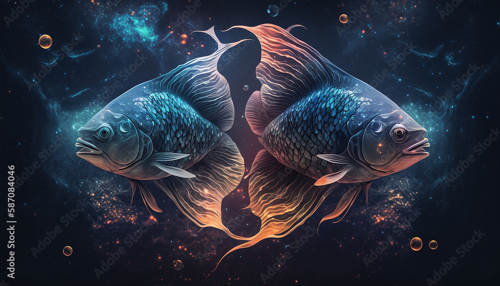 fish zodiac sign on space background. Generative AI, fish zodiac sign on space background. Generative AI,