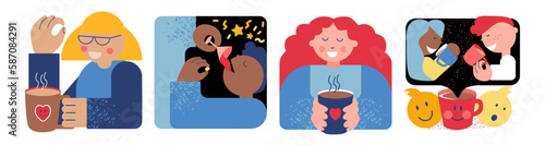 Scenes with coffee drinking. Cute man and woman spending time with cup of coffee and glass of wine. Set of simple geometric sketch. Flat cartoon vector illustration