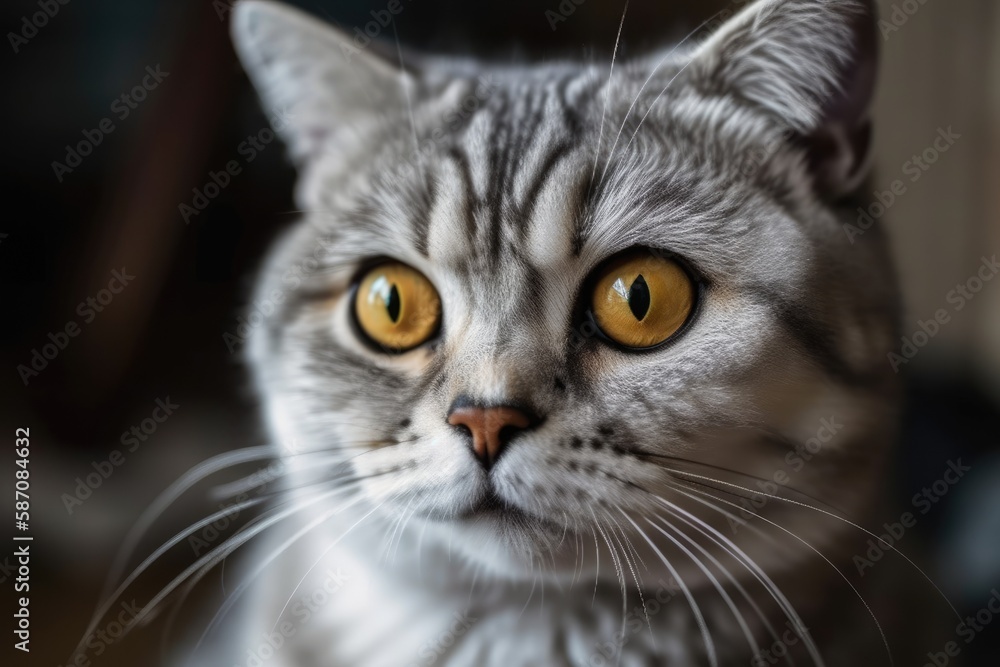 Grey Scottish fold cat in a portrait. Short haired tabby kitten. large eyes of yellow. a lovely backdrop for wallpaper, a cover, or a postcard. alone and up close. I adore pets, especially cats