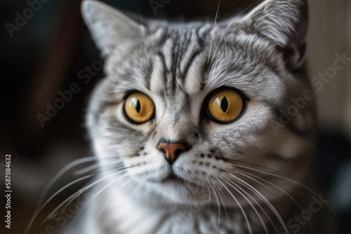 Grey Scottish fold cat in a portrait. Short haired tabby kitten. large eyes of yellow. a lovely backdrop for wallpaper, a cover, or a postcard. alone and up close. I adore pets, especially cats © AkuAku