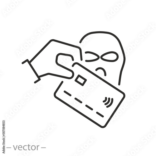 internet theft icon, online payment scam, scam or corruption with credit card, hacker steals money, thin line symbol on white background - editable stroke vector illustration