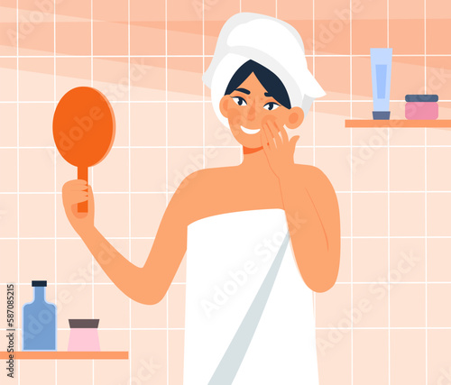 Woman looking at mirror. Young girl in towel stands in bathroom and smiles. Beauty and hygiene, spa treatments. Character take care of her face and body skin. Cartoon flat vector illustration
