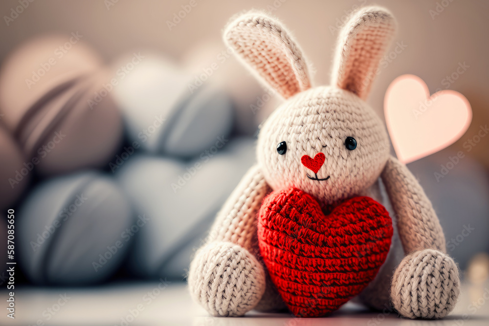 Obraz premium Cute crochet bunny with red knitted heart. Valentine's Day greeting card illustration with copy space. Amigurumi Easter rabbit with heart as a symbol of love. I love you concept. Generative AI.